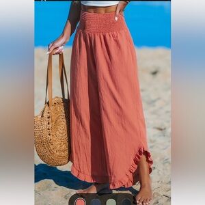 NWT Cupshe Redish orange smocked waist beach pants with cute ruffle at ankle